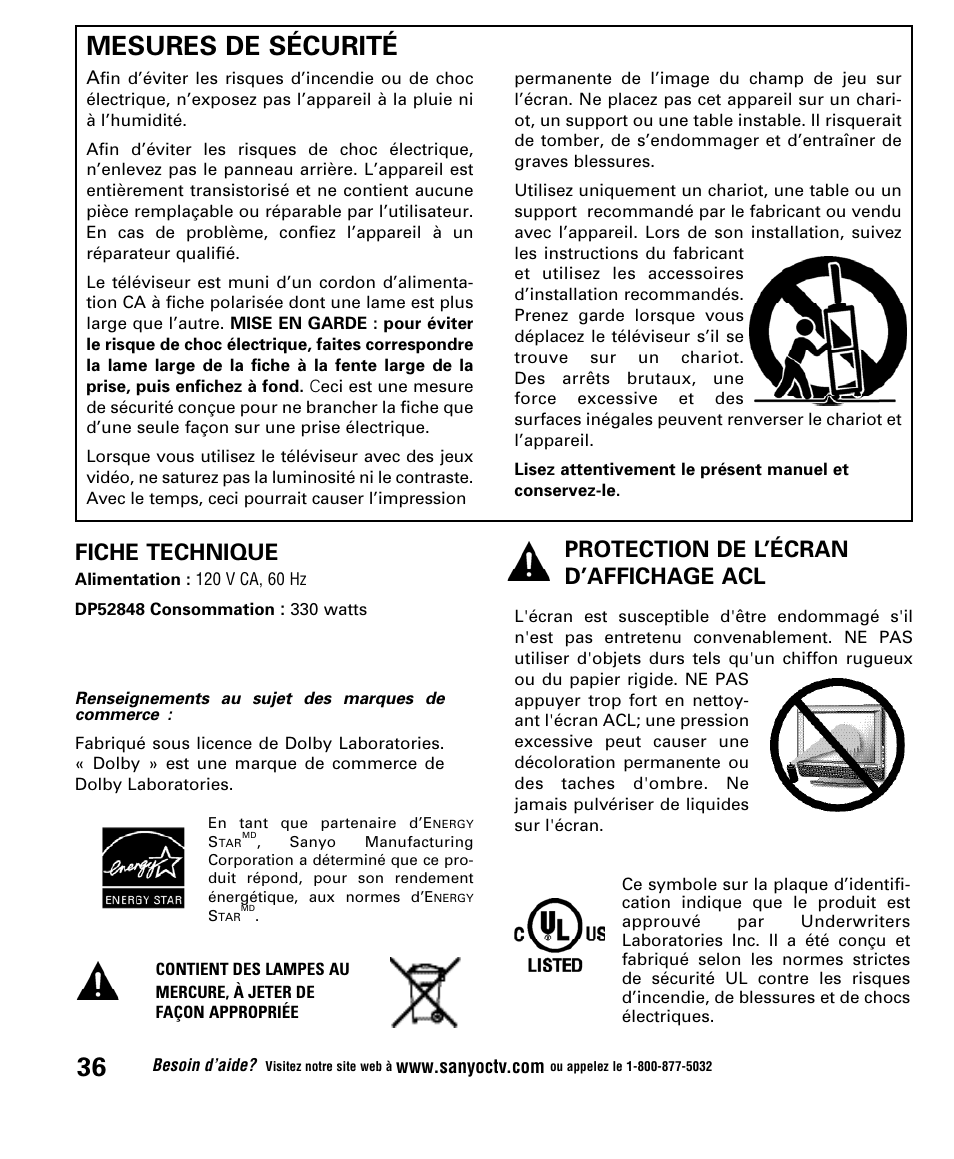 Mesures de sécurité, Protection de l’écran d’affichage acl, Fiche technique | Sanyo DP52848 User Manual | Page 36 / 52