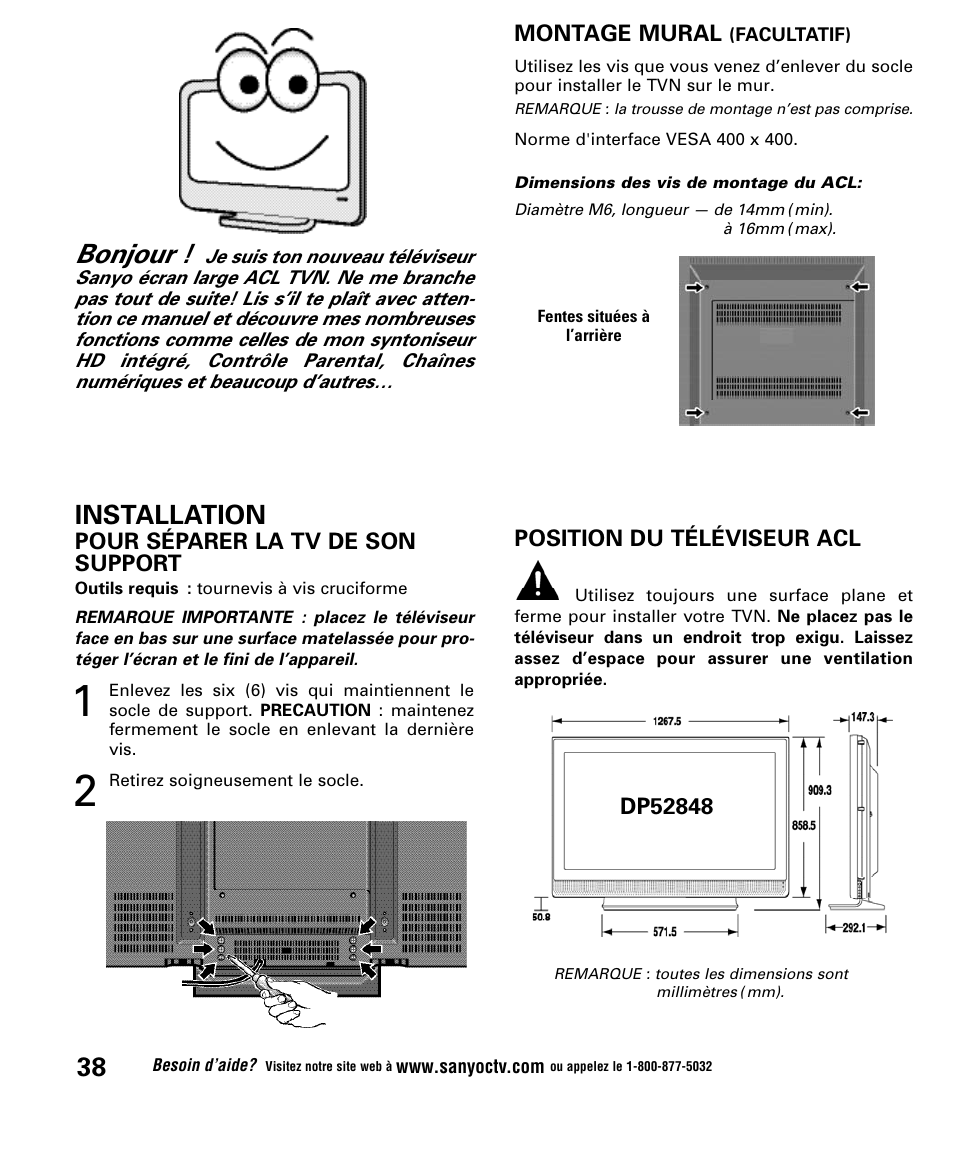 Bonjour, Installation | Sanyo DP52848 User Manual | Page 38 / 52