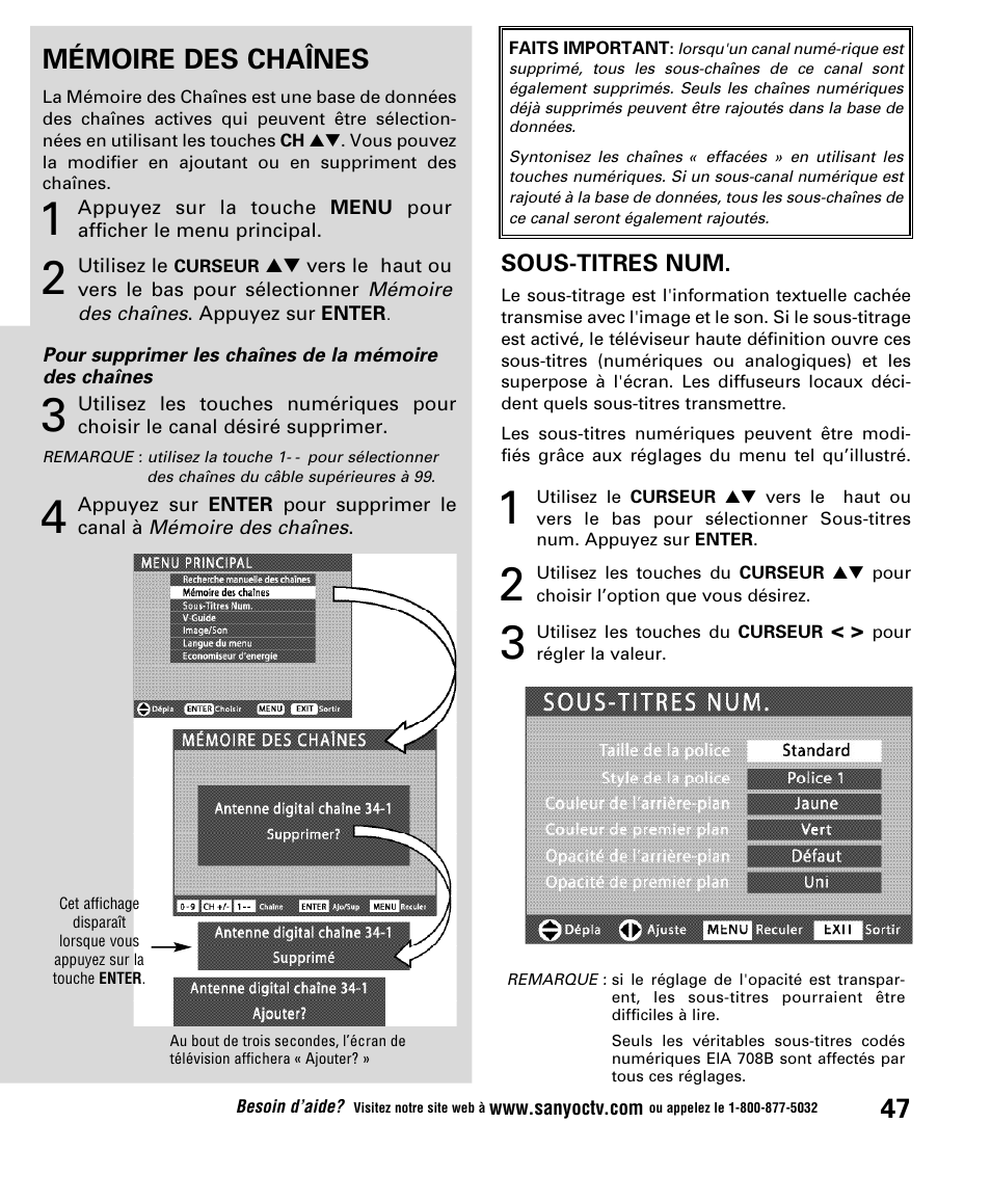 Mémoire des chaînes | Sanyo DP52848 User Manual | Page 47 / 52