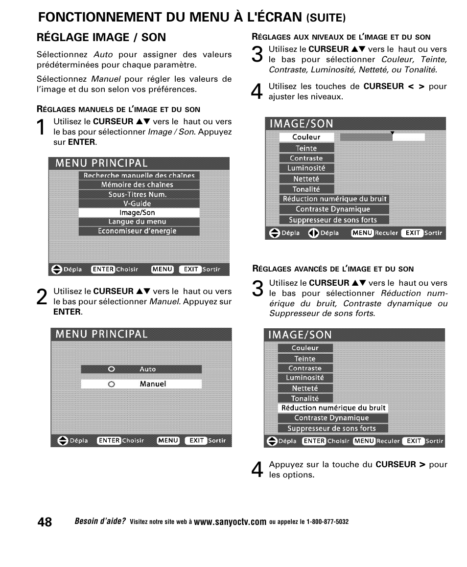 Fonctionnement du menu à l'écran | Sanyo DP52848 User Manual | Page 48 / 52