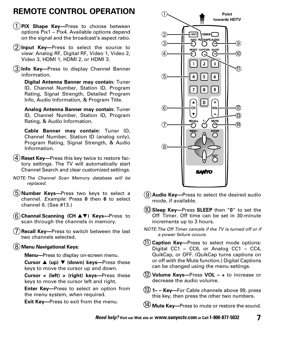 Remote control operation 7 | Sanyo DP52848 User Manual | Page 7 / 52