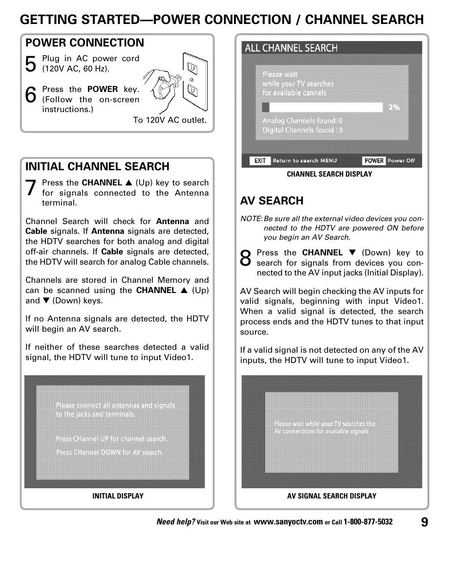 Getting started—power connection / channel search | Sanyo DP52848 User Manual | Page 9 / 52