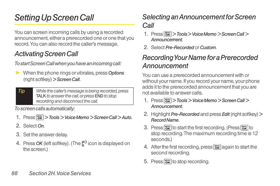 Setting up screen call, Activating screen call, Selecting an announcement for screen call | Recording your name for a prerecorded announcement | Sanyo Katana LX User Manual | Page 100 / 165