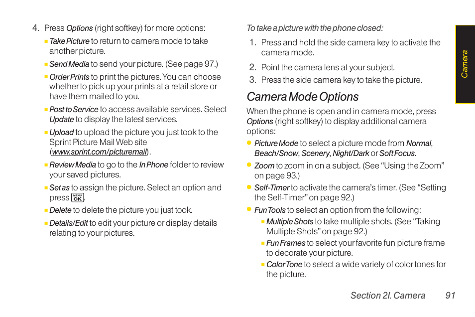 Camera mode options | Sanyo Katana LX User Manual | Page 103 / 165