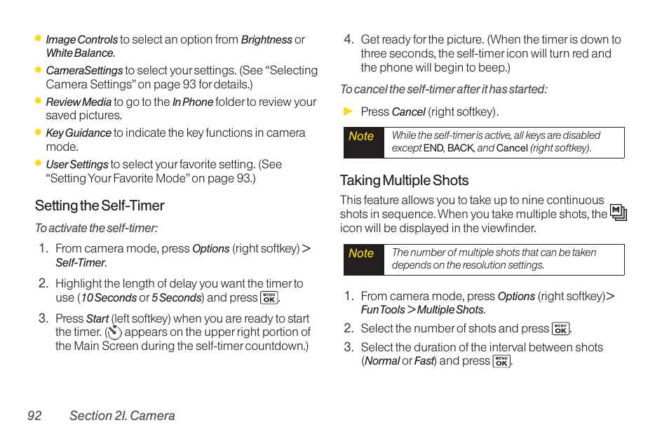 Setting the self-timer, Taking multiple shots | Sanyo Katana LX User Manual | Page 104 / 165
