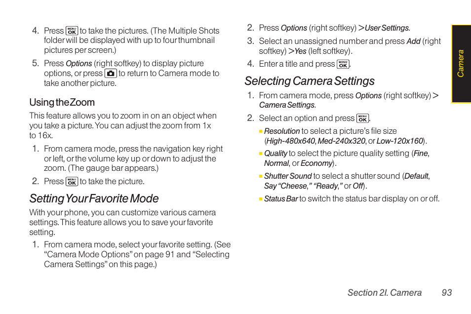 Setting yourfavorite mode, Selecting camera settings | Sanyo Katana LX User Manual | Page 105 / 165