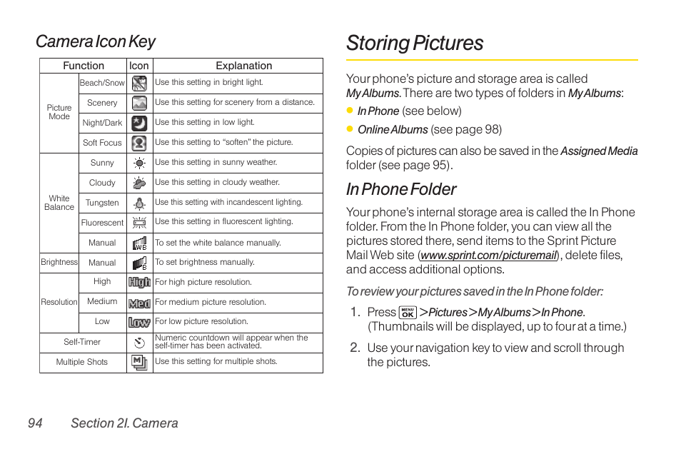 Storing pictures, Camera icon key | Sanyo Katana LX User Manual | Page 106 / 165