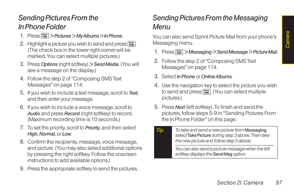Sending pictures from the in phone folder, Sending pictures from the messaging menu | Sanyo Katana LX User Manual | Page 109 / 165