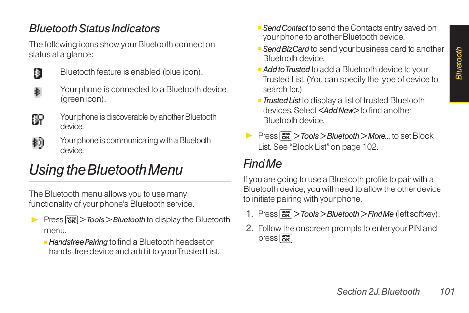 Using the bluetooth menu, Bluetooth status indicators, Find me | Sanyo Katana LX User Manual | Page 113 / 165