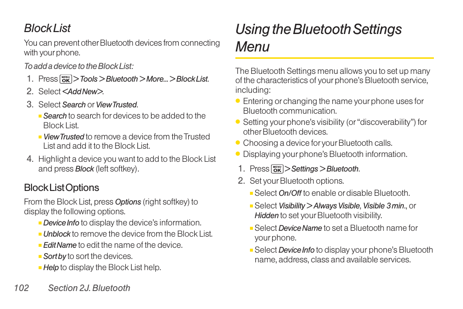 Using the bluetooth settings menu, Block list, Blocklist options | Sanyo Katana LX User Manual | Page 114 / 165