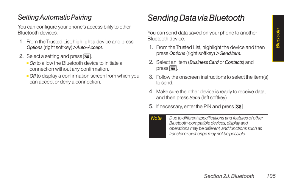 Sending data via bluetooth, Setting automatic pairing | Sanyo Katana LX User Manual | Page 117 / 165