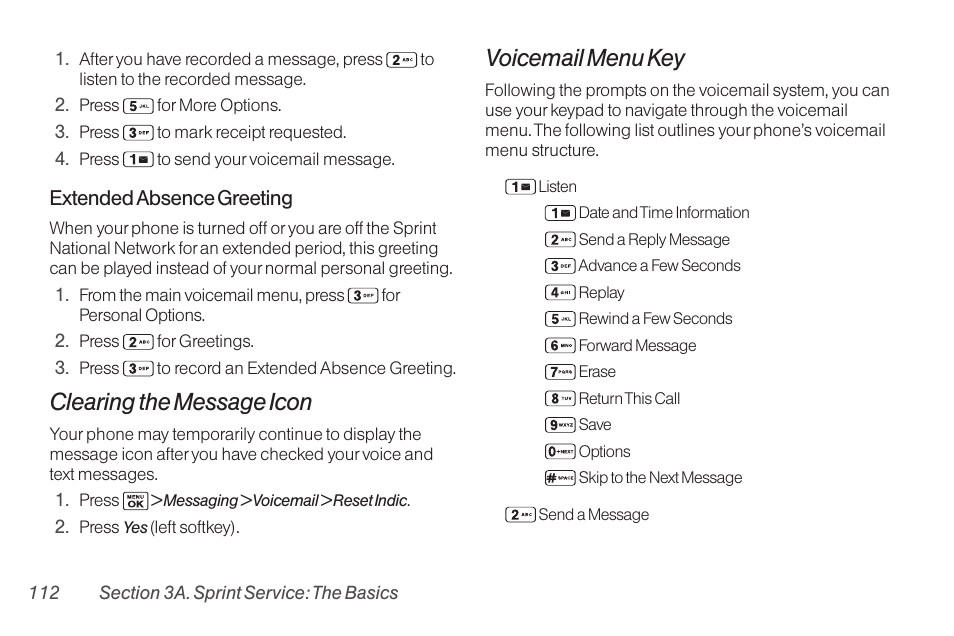 Clearing the message icon, Voicemail menu key | Sanyo Katana LX User Manual | Page 124 / 165
