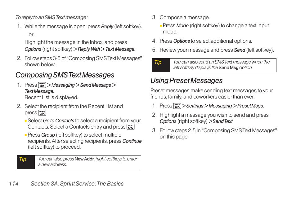 Composing sms text messages, Using preset messages | Sanyo Katana LX User Manual | Page 126 / 165