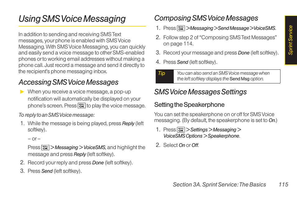 Using sms voice messaging, Accessing sms voice messages, Composing sms voice messages | Sms voice messages settings | Sanyo Katana LX User Manual | Page 127 / 165