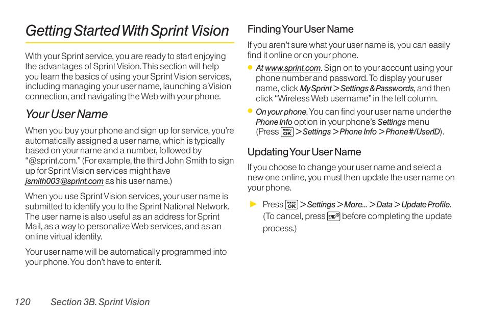 Getting started with sprint vision, Your user name | Sanyo Katana LX User Manual | Page 132 / 165