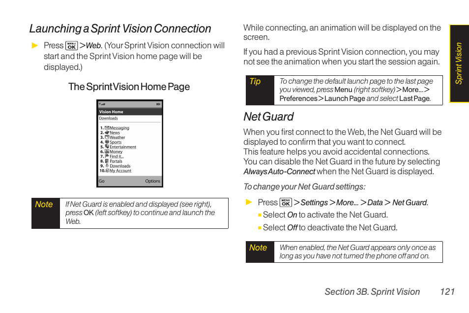 Launching a sprint vision connection, Net guard, The sprint vision home page | Sanyo Katana LX User Manual | Page 133 / 165