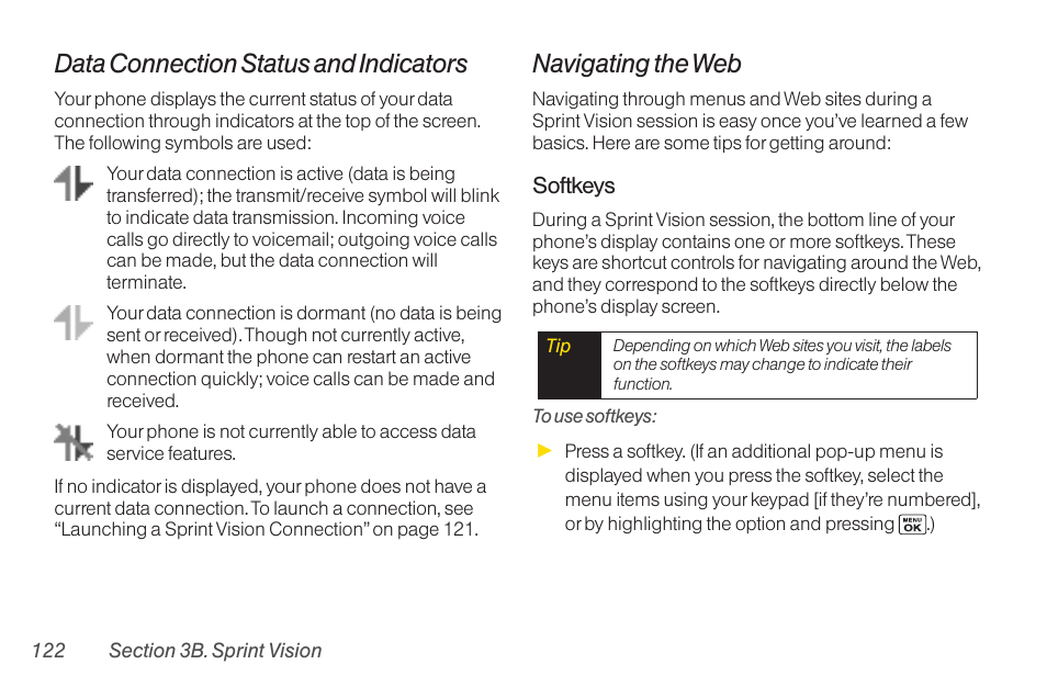 Data connection status and indicators, Navigating the web | Sanyo Katana LX User Manual | Page 134 / 165