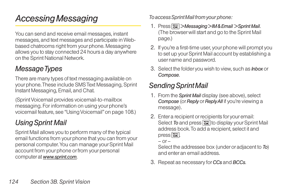 Accessing messaging, Message types, Using sprint mail | Sending sprint mail | Sanyo Katana LX User Manual | Page 136 / 165