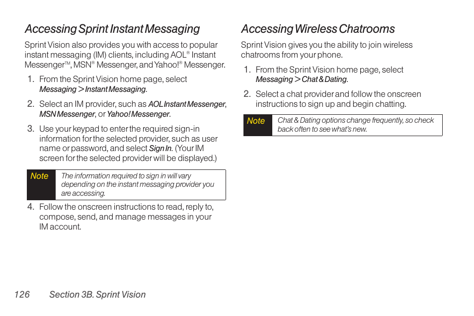 Accessing sprint instant messaging, Accessing wireless chatrooms | Sanyo Katana LX User Manual | Page 138 / 165