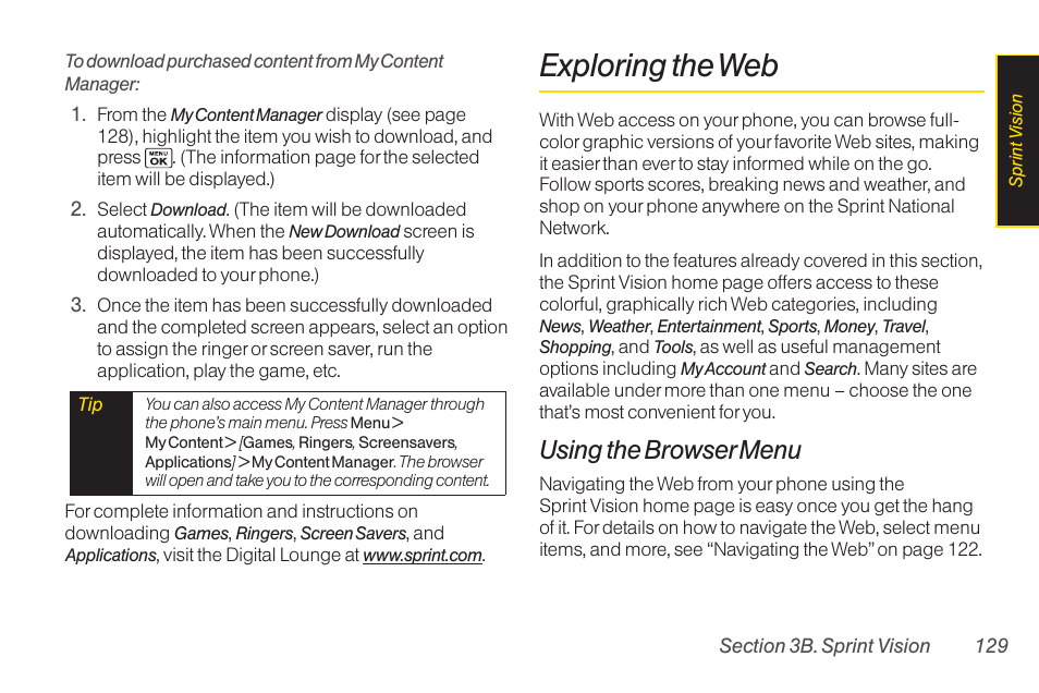 Exploring the web, Using the browsermenu | Sanyo Katana LX User Manual | Page 141 / 165