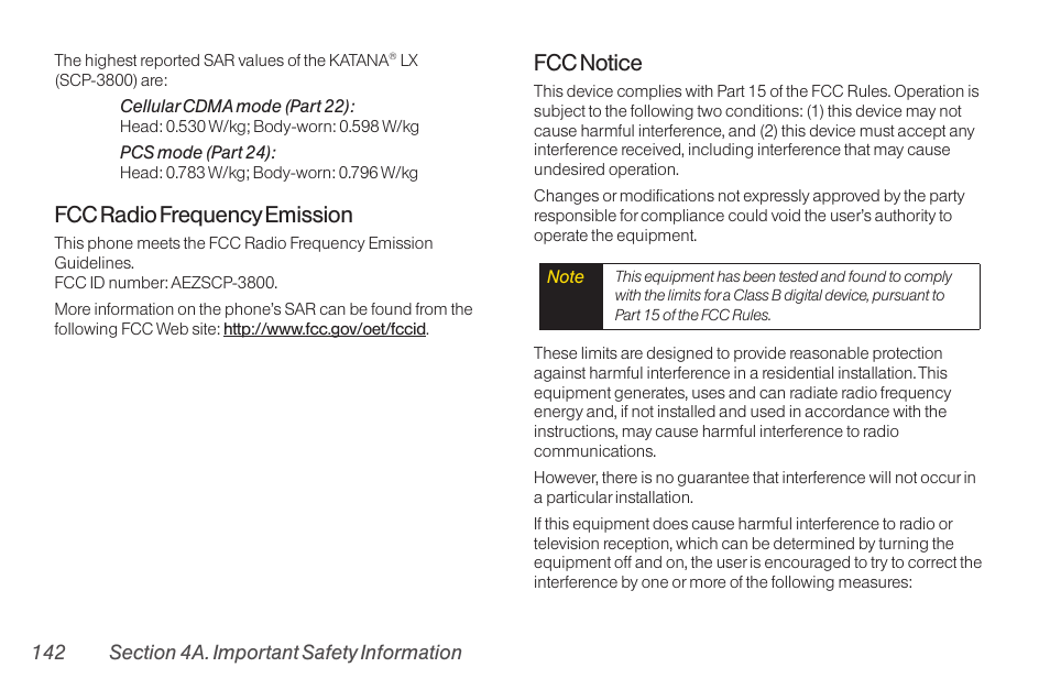 Fcc radio frequencyemission, Fcc notice | Sanyo Katana LX User Manual | Page 154 / 165