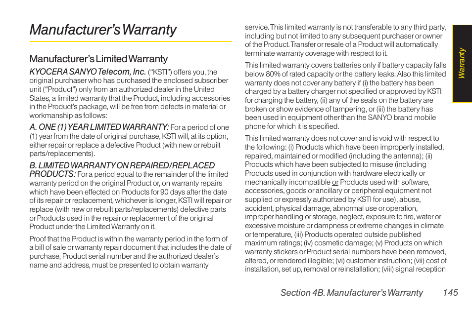 Manufacturer’s warranty, Index, Manufacturer’s limited warranty | Sanyo Katana LX User Manual | Page 157 / 165