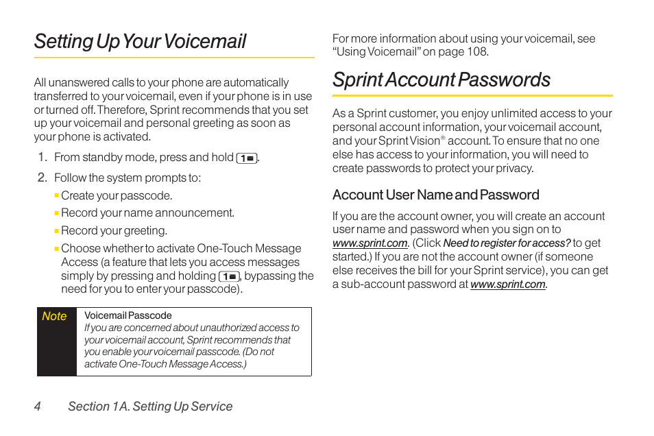 Setting up your voicemail, Sprint account passwords, Setting up yourvoicemail | Sanyo Katana LX User Manual | Page 16 / 165