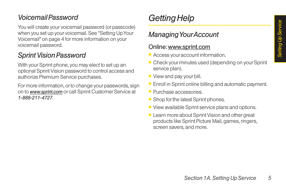 Getting help, Voicemail password, Sprint vision password | Managing youraccount | Sanyo Katana LX User Manual | Page 17 / 165