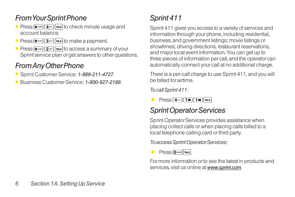 Sprint 411, Sprint operator services | Sanyo Katana LX User Manual | Page 18 / 165