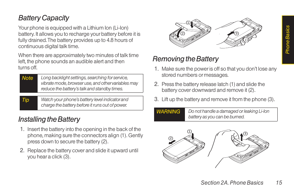 Battery capacity, Installing the battery, Removing the battery | Sanyo Katana LX User Manual | Page 27 / 165