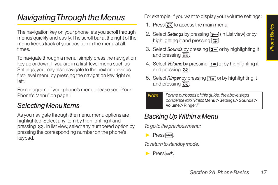 Navigating through the menus, Selecting menu items, Backing up within a menu | Sanyo Katana LX User Manual | Page 29 / 165