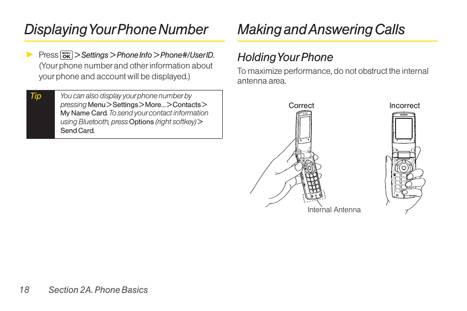 Displaying your phone number, Making and answering calls, Displaying yourphone number | Holding your phone | Sanyo Katana LX User Manual | Page 30 / 165