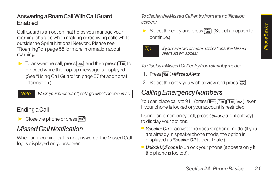 Missed call notification, Calling emergency numbers | Sanyo Katana LX User Manual | Page 33 / 165