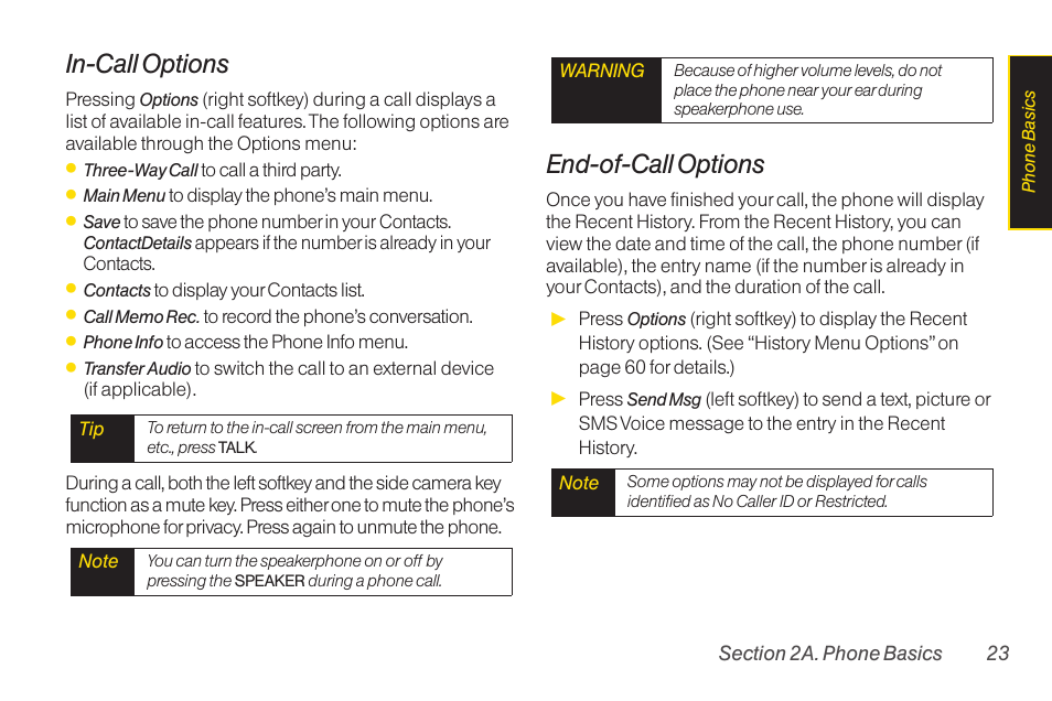 In-call options, End-of-call options | Sanyo Katana LX User Manual | Page 35 / 165