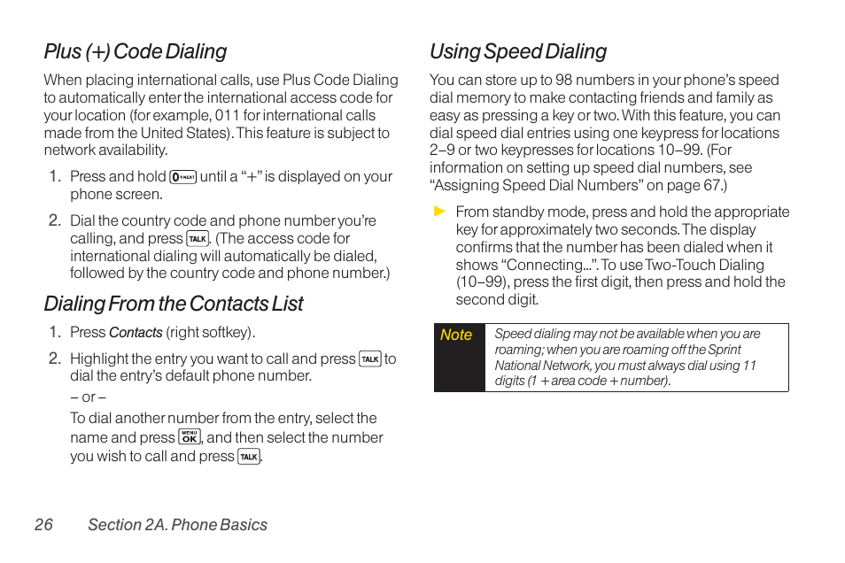 Plus (+) code dialing, Dialing from the contacts list, Using speed dialing | Sanyo Katana LX User Manual | Page 38 / 165