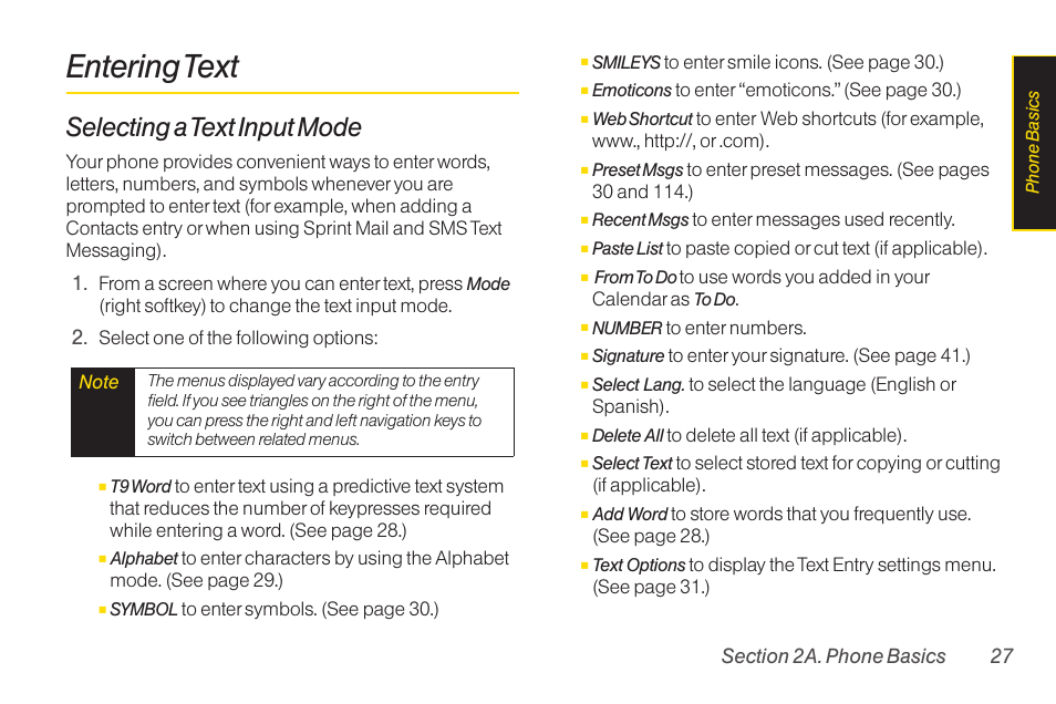 Entering text, Selecting a text input mode | Sanyo Katana LX User Manual | Page 39 / 165