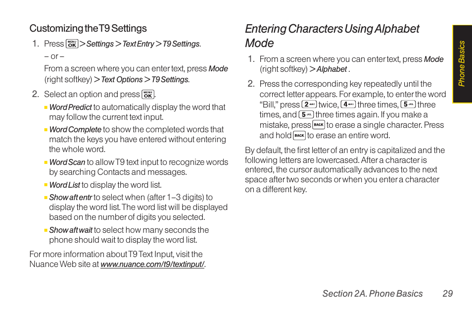 Entering characters using alphabet mode, Customizing the t9 settings | Sanyo Katana LX User Manual | Page 41 / 165