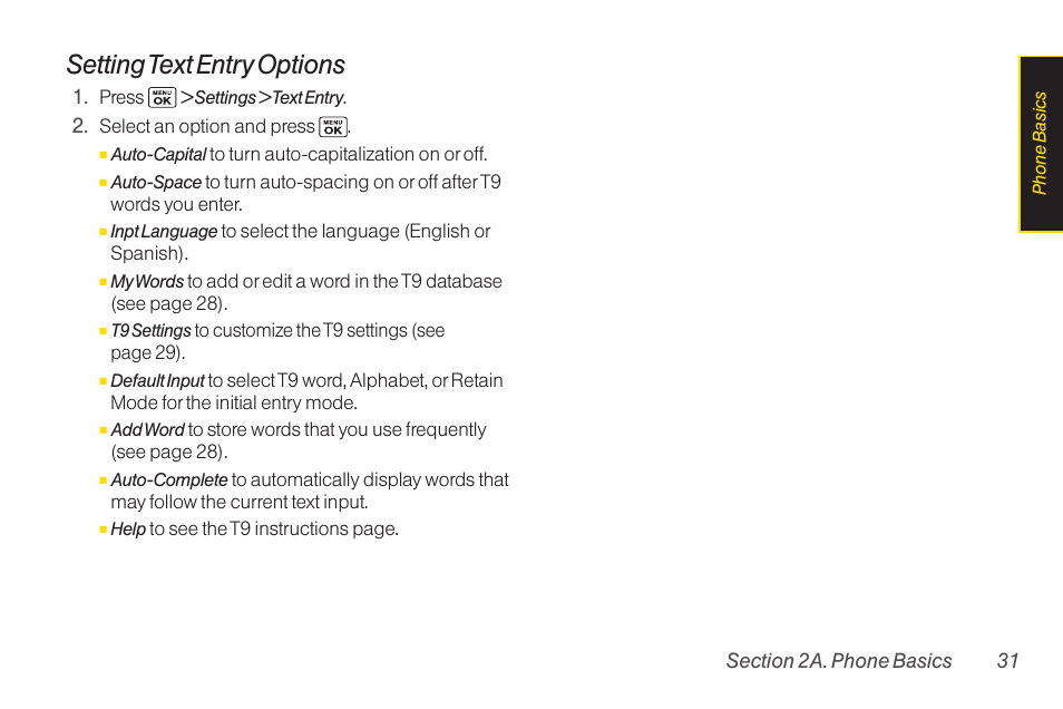 Setting text entry options | Sanyo Katana LX User Manual | Page 43 / 165