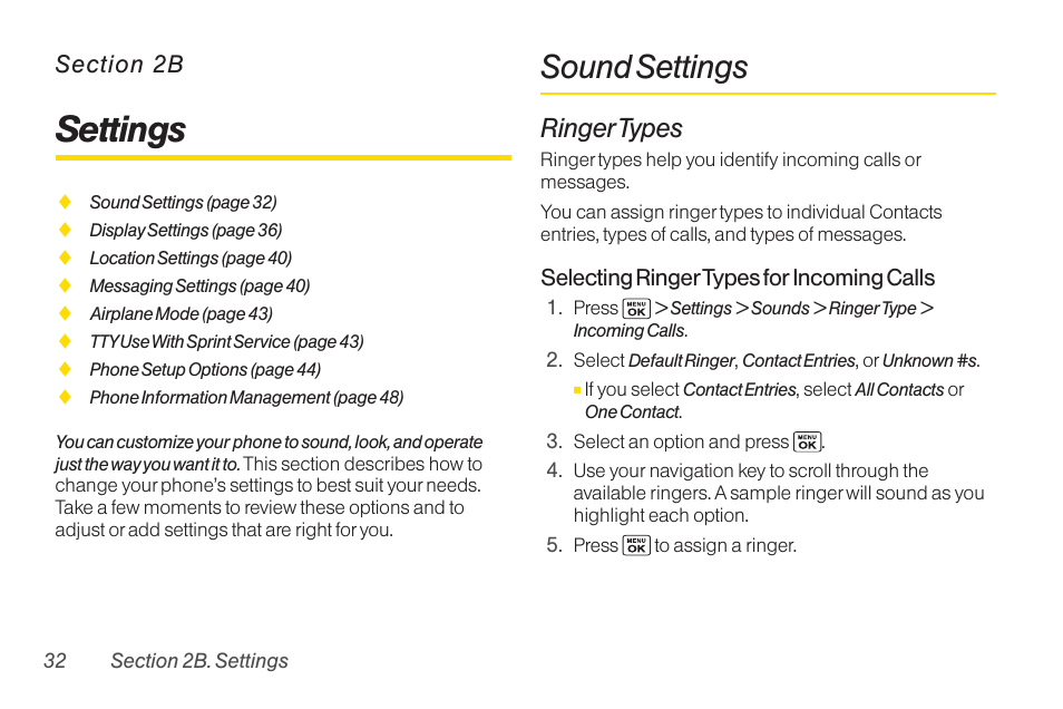 2b settings, Sound settings, 2b. settings | Settings, Ringertypes | Sanyo Katana LX User Manual | Page 44 / 165