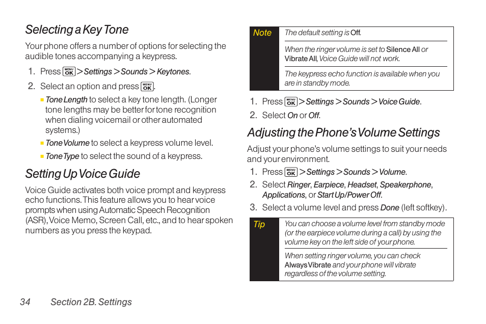 Selecting a key tone, Setting up voice guide, Adjusting the phone’s volume settings | Sanyo Katana LX User Manual | Page 46 / 165