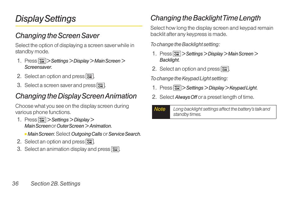 Display settings, Changing the screen saver, Changing the display screen animation | Changing the backlight time length | Sanyo Katana LX User Manual | Page 48 / 165