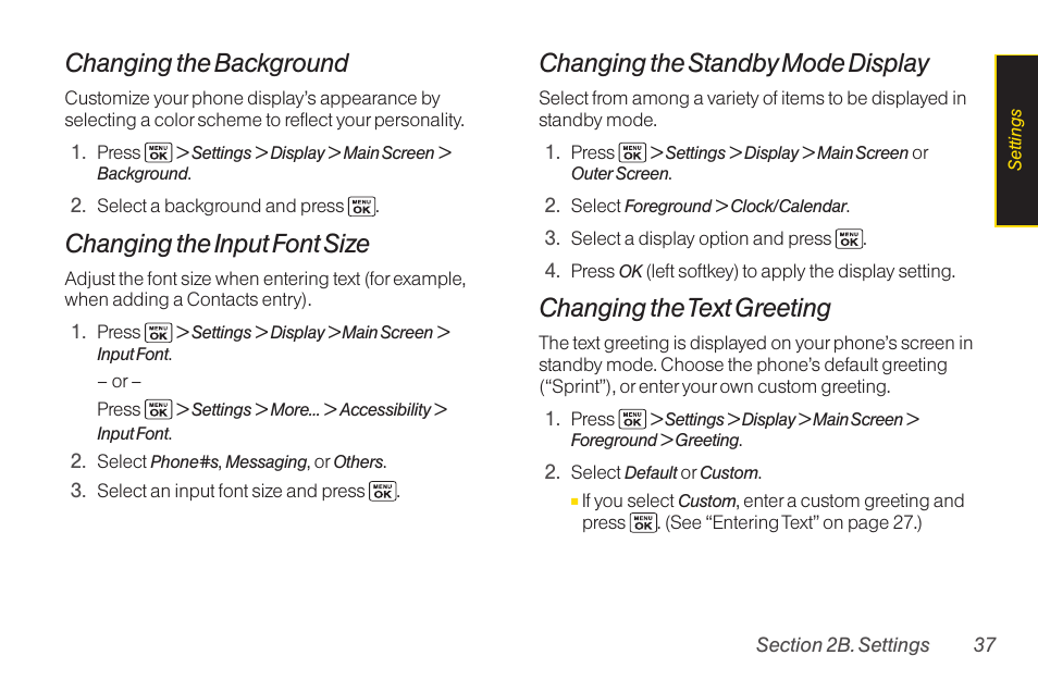 Changing the background, Changing the input font size, Changing the standby mode display | Changing the text greeting | Sanyo Katana LX User Manual | Page 49 / 165