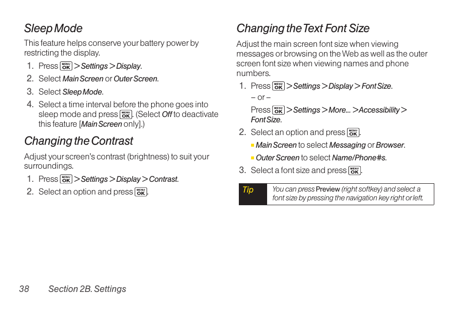 Sleep mode, Changing the contrast, Changing the text font size | Sanyo Katana LX User Manual | Page 50 / 165