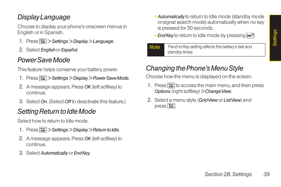 Display language, Power save mode, Setting return to idle mode | Changing the phone’s menu style | Sanyo Katana LX User Manual | Page 51 / 165