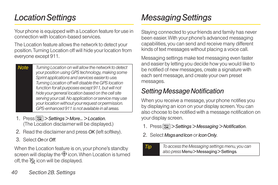 Location settings, Messaging settings, Setting message notification | Sanyo Katana LX User Manual | Page 52 / 165