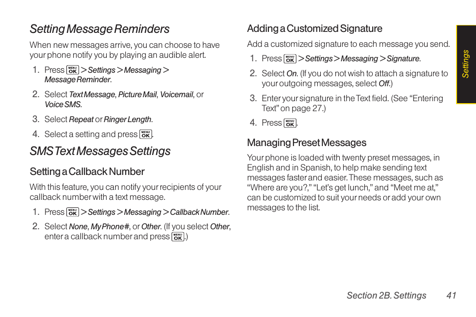 Setting message reminders, Sms text messages settings | Sanyo Katana LX User Manual | Page 53 / 165