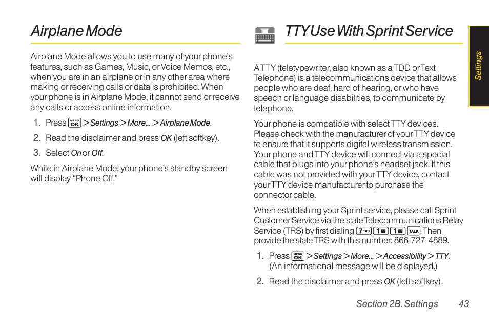 Airplane mode, Tty use with sprint service, Ttyuse with sprint service | Sanyo Katana LX User Manual | Page 55 / 165