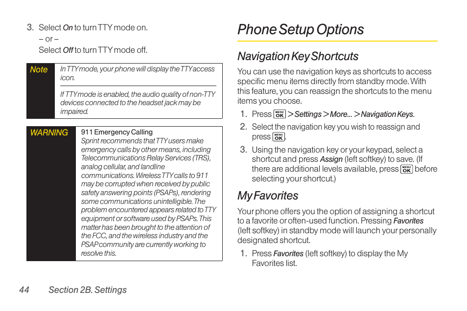 Phone setup options, Navigation key shortcuts, My favorites | Sanyo Katana LX User Manual | Page 56 / 165