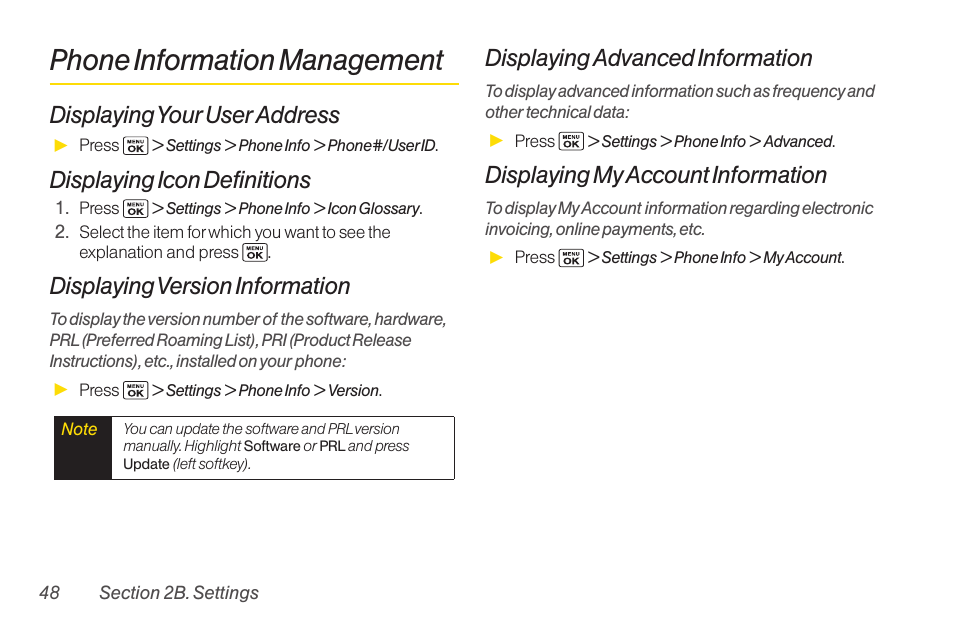 Phone information management, Displaying your user address, Displaying icon definitions | Displaying version information, Displaying advanced information, Displaying my account information | Sanyo Katana LX User Manual | Page 60 / 165