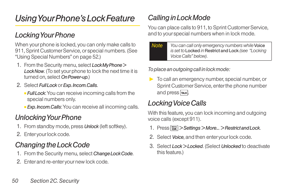 Using your phone’s lock feature, Using yourphone’s lock feature, Locking your phone | Unlocking your phone, Changing the lock code, Calling in lock mode, Locking voice calls | Sanyo Katana LX User Manual | Page 62 / 165